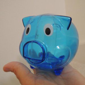 Piggy Bank - Coin Insert + Stopper Blue Transparent Plastic Pig - Bank Promo